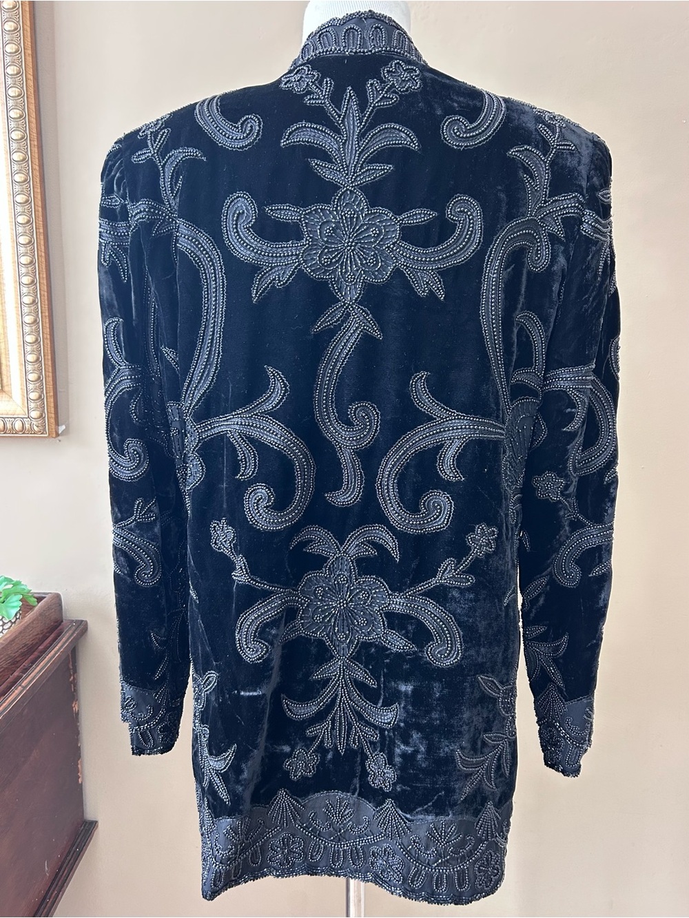 Vintage Oleg Cassini Black Tie Beaded Silk Velvet Formal Blazer Jacket Size L - Picture 6 of 10